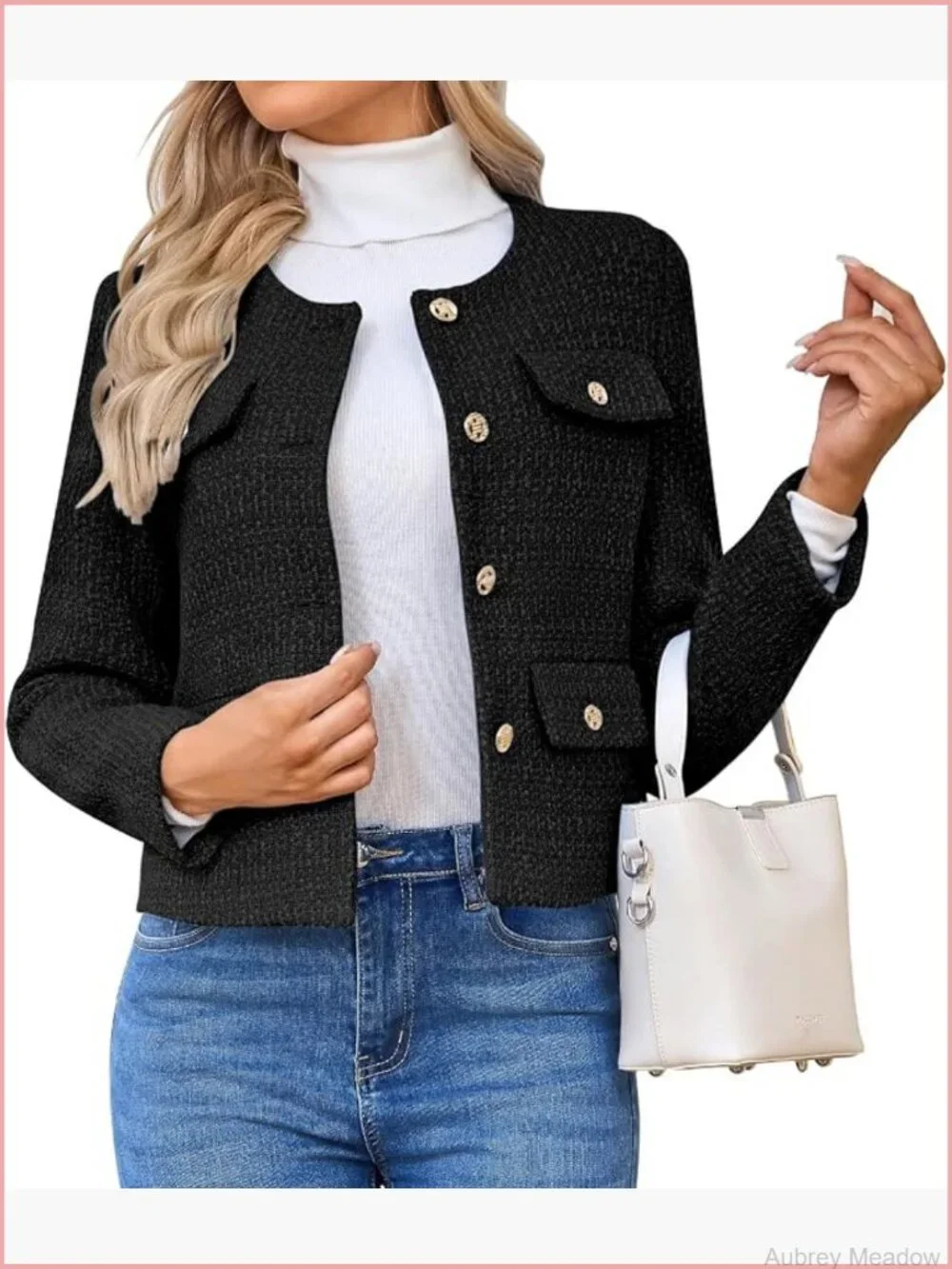Women's Tweed Blazer Jacket Casual Long Sleeve Button Down Cropped Coat